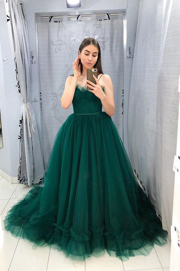 Dark Green Tulle A Line Prom Dresses ...